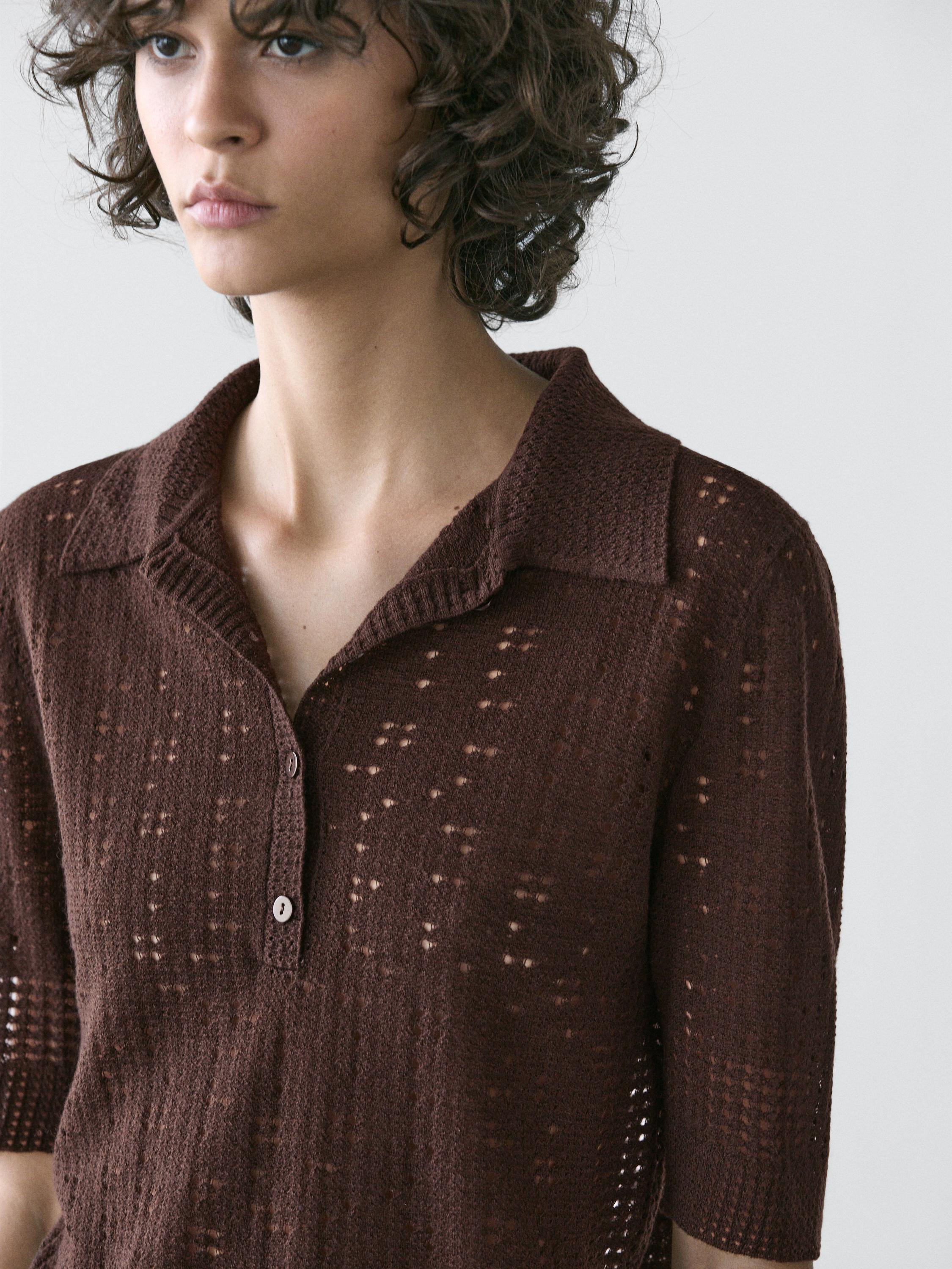 Short sleeve wool blend knit polo shirt